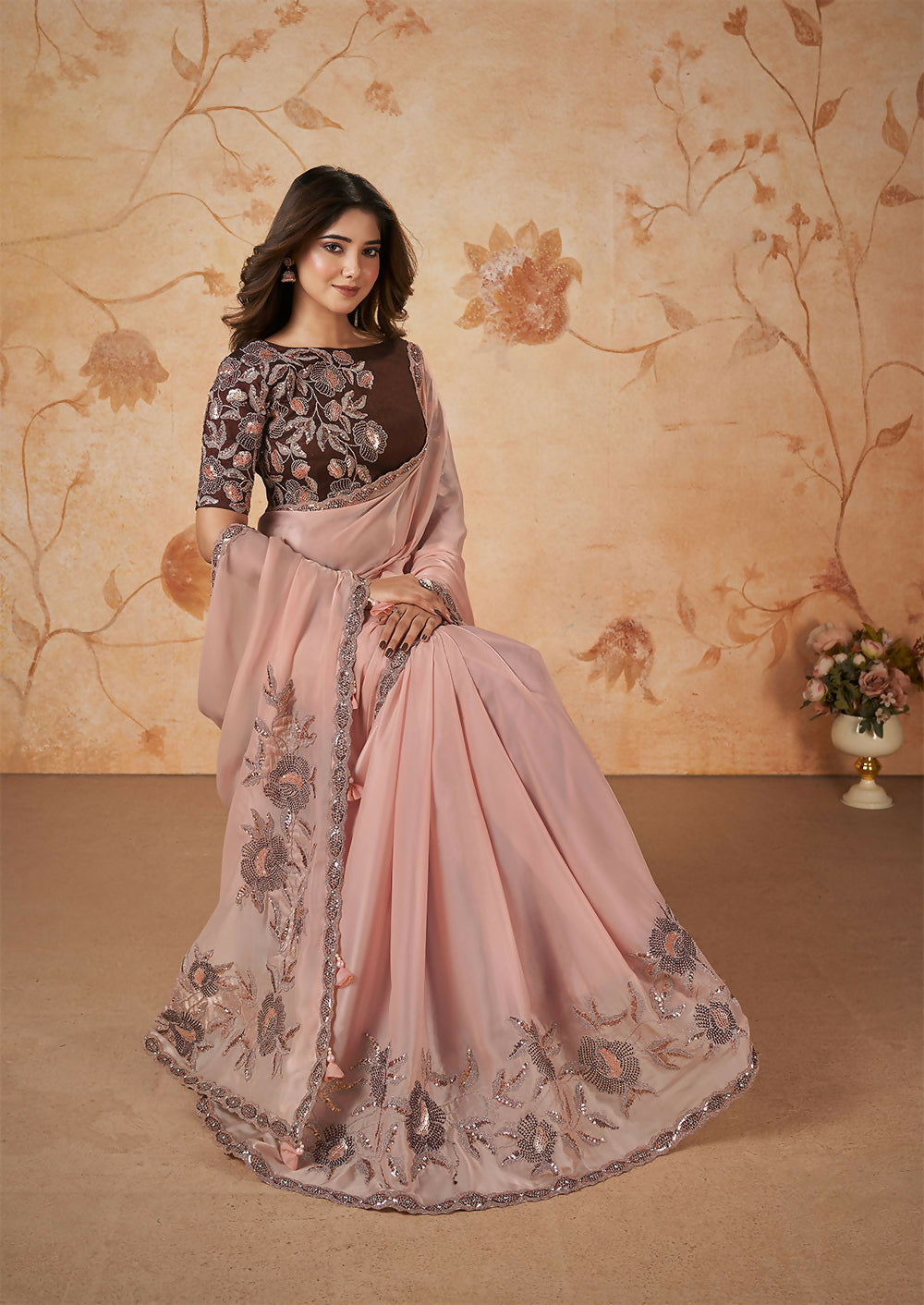 Peach Crepe Satin Silk Thread, Sequence, Cord Embroidered with Stone Work Saree - Mohmanthan Dakshika | Grocsy