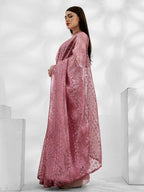 Pink Net Organza Sequance,Thread Embroidery Work Saree with Unstitched Blouse - Vandini | Grocsy