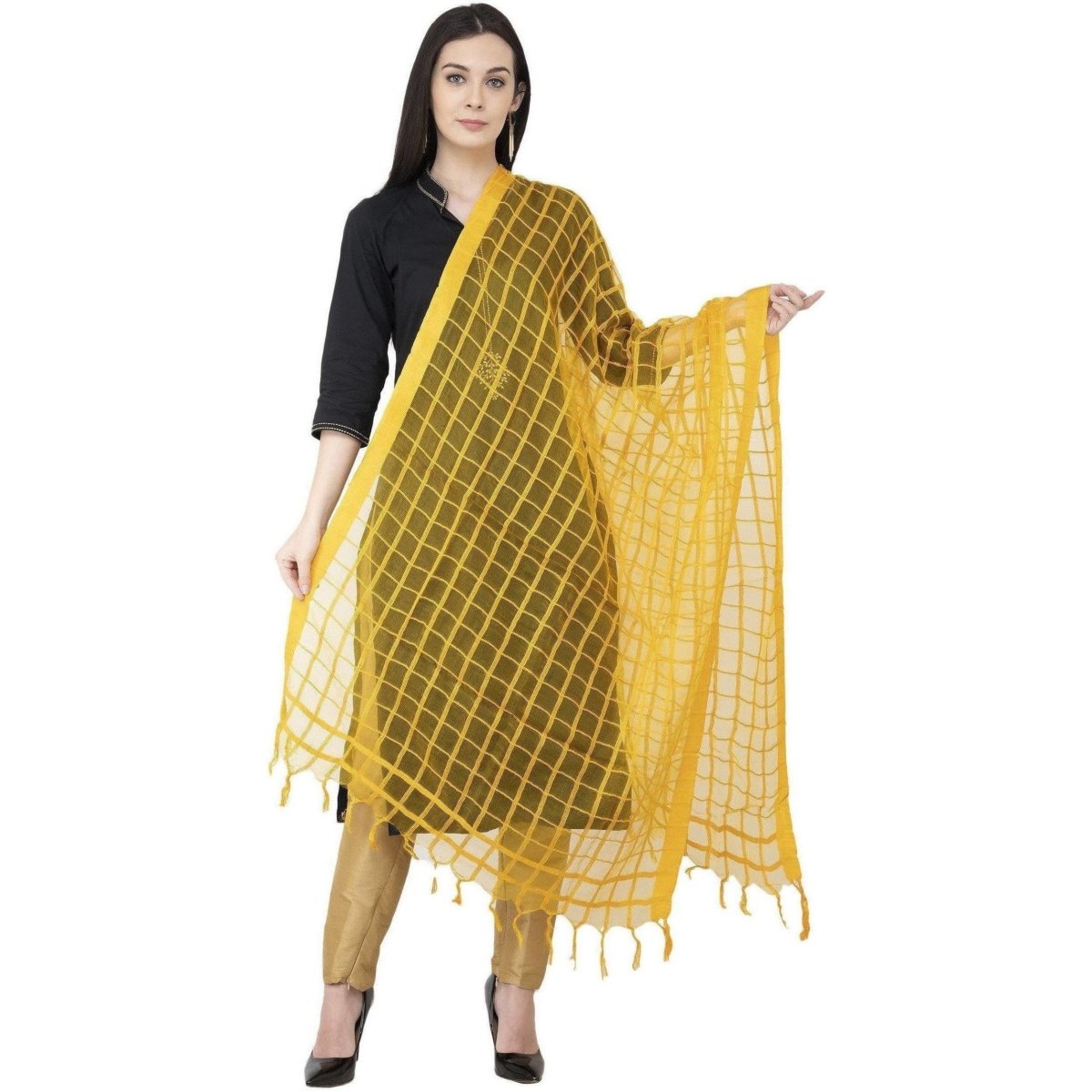 A R Silk Cotton Square Regular Dupatta Yellow Color Dupatta or Chunni | Grocsy