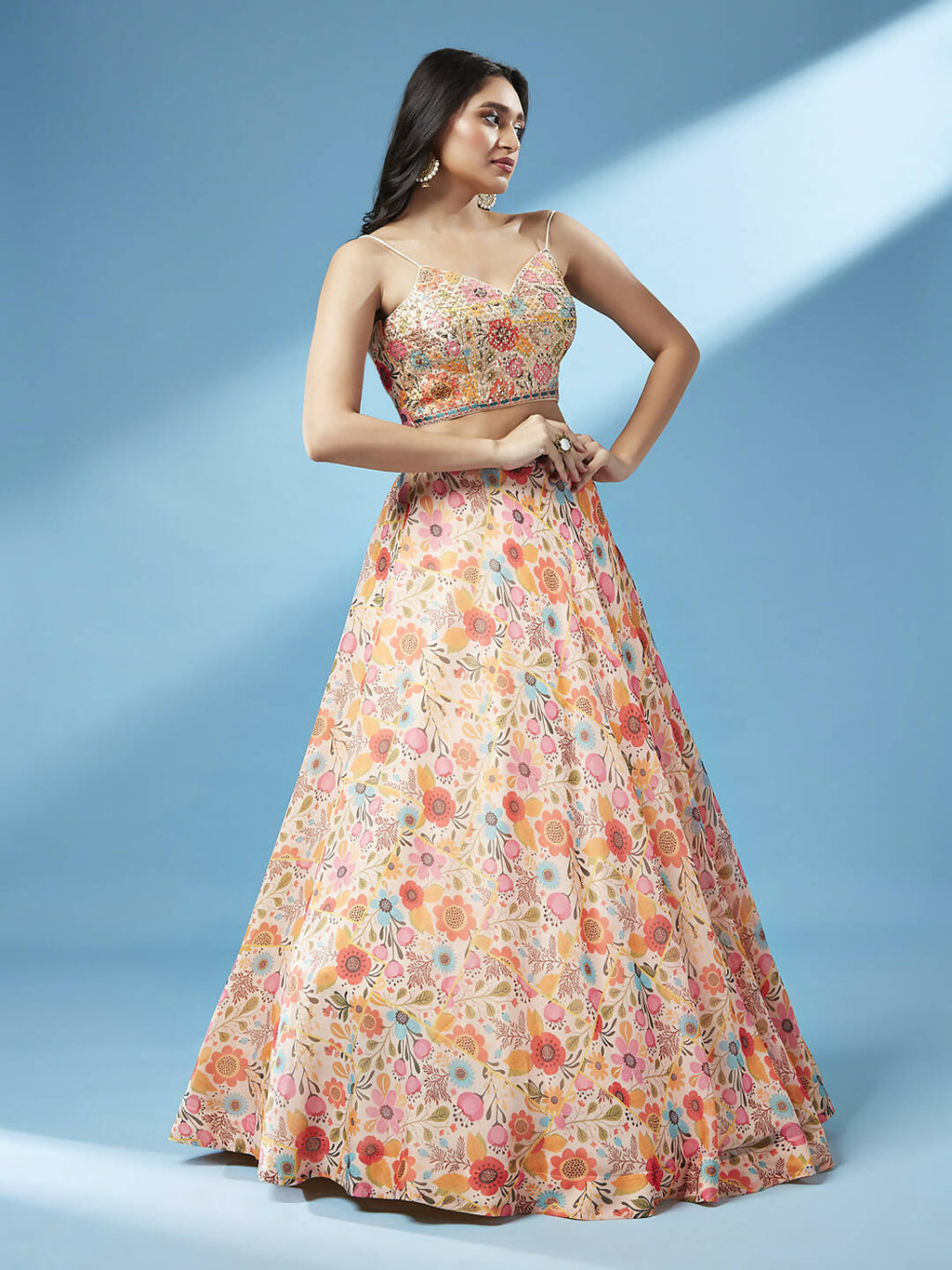 House of Panchhi Orange Organza Floral Printed Lehenga choli & Dupatta | Grocsy