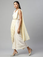 Ahalyaa Women Off White Crepe Georgette Saree Dress With Printed Pallu | Grocsy