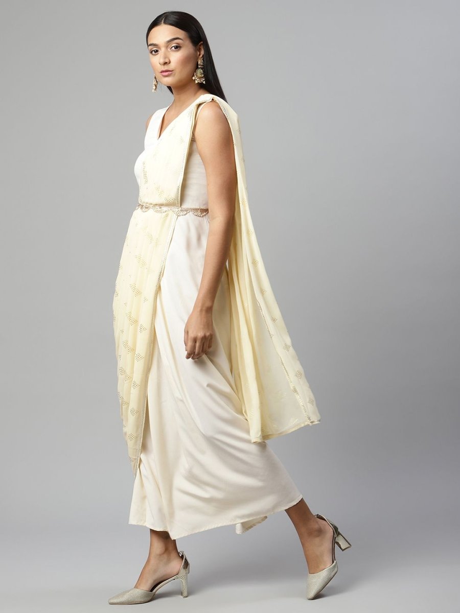 Ahalyaa Women Off White Crepe Georgette Saree Dress With Printed Pallu | Grocsy