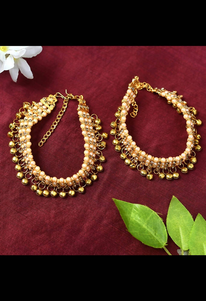 Mominos Fashion Kamal Johar Gold-Polished Pearls Anklets With Muvvas | Grocsy
