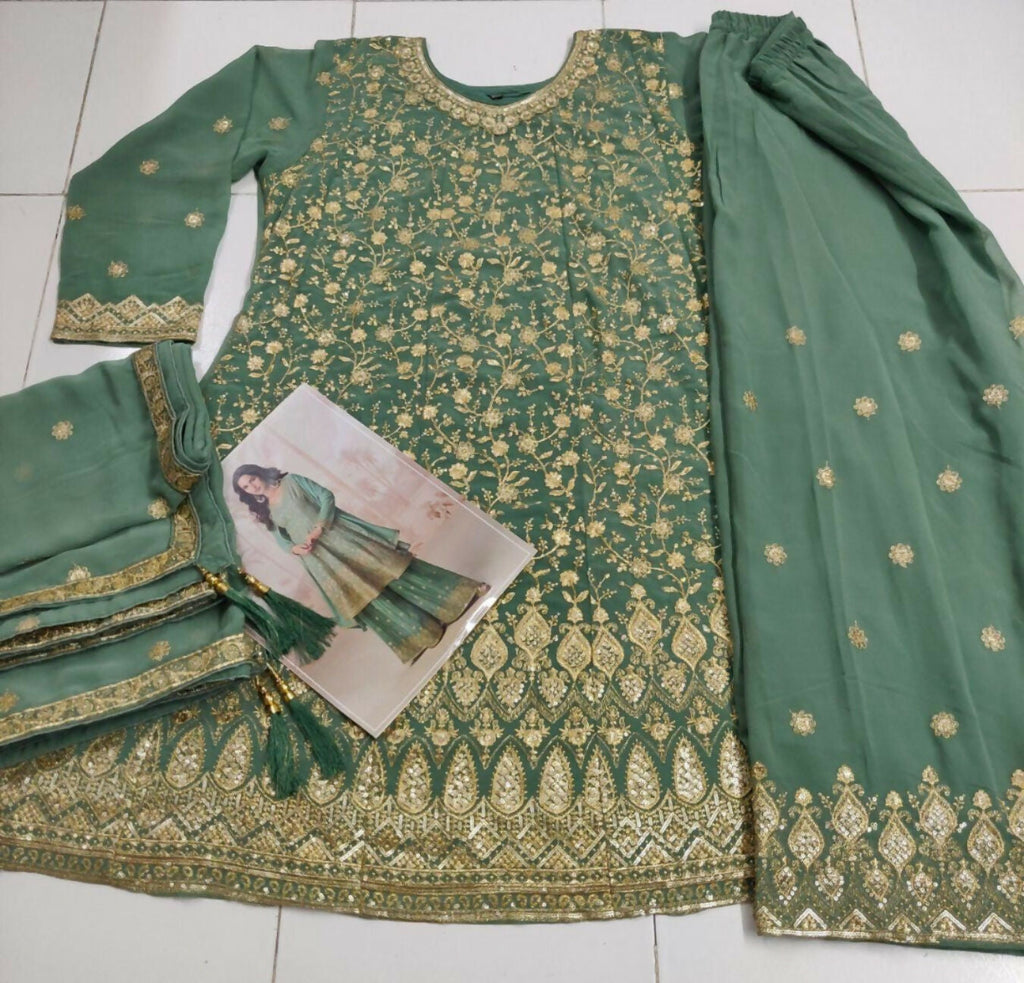 Anaita Green Heavy Fox Georgette Stitched Suit with Sequence Work | Grocsy