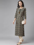 Yufta Women Teal Green & Mustard Yellow Ethnic Printed Pure Cotton Kurta with Palazzo | Grocsy