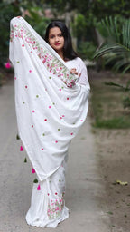 Exclusive Collection White Pure Cotton Handloom Embroidered Saree | Grocsy