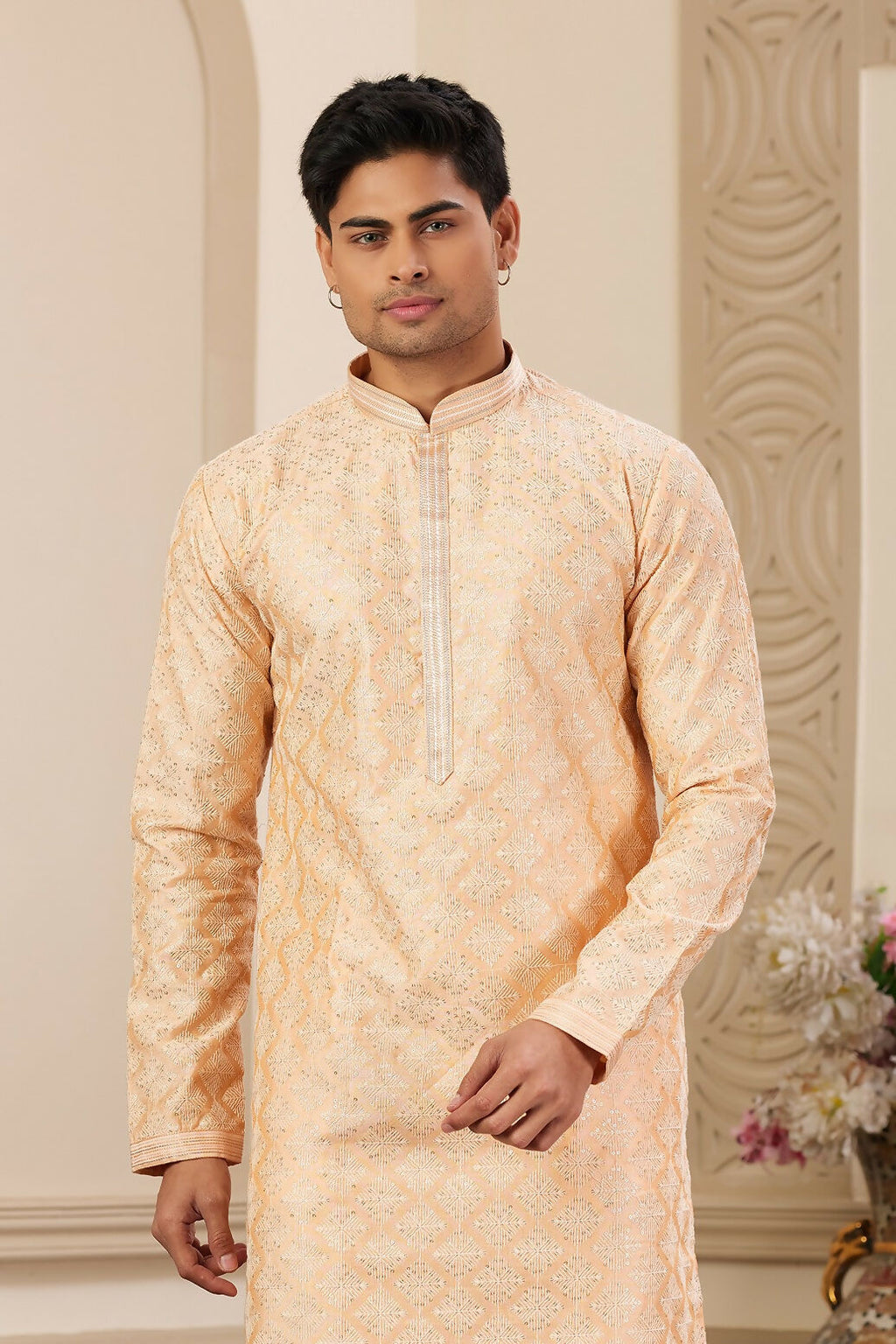 Raivat Ethnic Men's Art Silk Thread Work Kurta Pyjama In Peach Colour | Grocsy