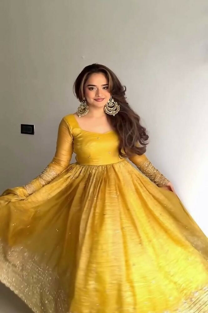 Teeya Creation Elegant Mustard Yellow Solid Silk Anarkali Suit with Dupatta | Grocsy