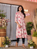 Juniper Women's Off White Floral Printed Liva Rayon Kurta With Button Closure | Grocsy