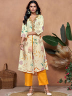 Sangria Off White Floral Printed V-Neck Three-Quarter Sleeves A-Line Kurta & Trouser | Grocsy