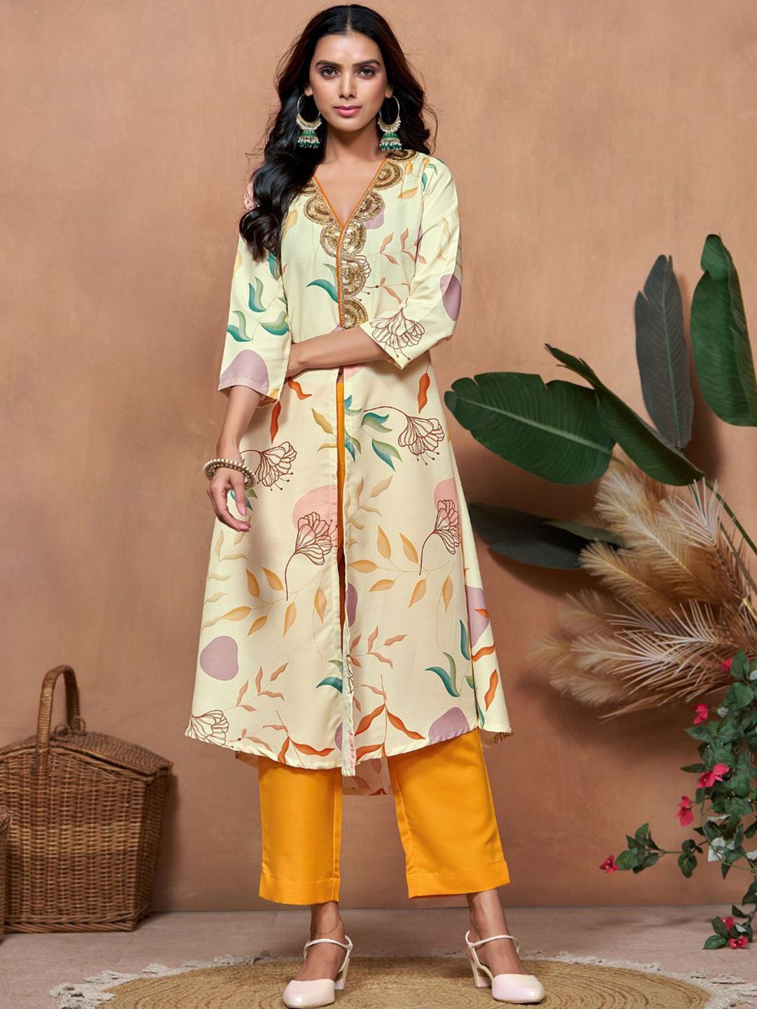 Sangria Off White Floral Printed V-Neck Three-Quarter Sleeves A-Line Kurta & Trouser | Grocsy