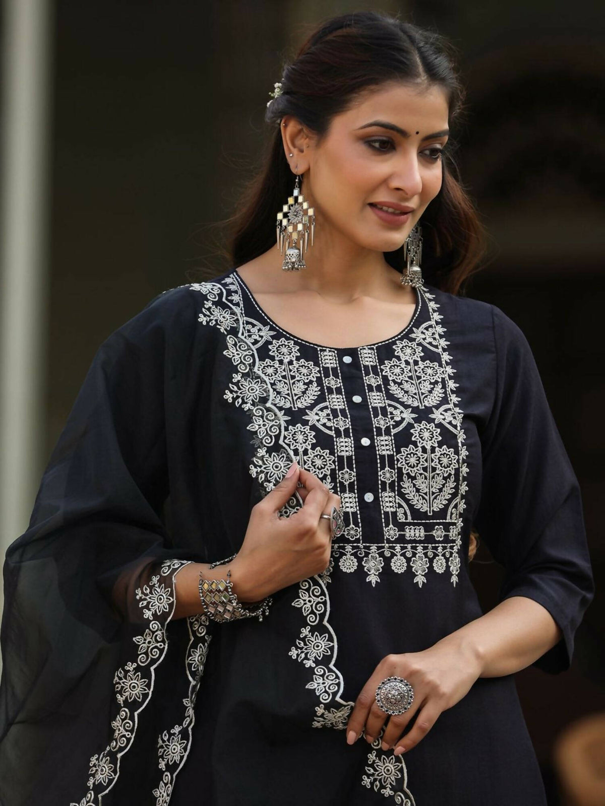 Juniper Women's Black Chinnon Solid Embroidered Kurta Set | Grocsy