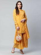 Ahalyaa Womens Mustard Georgette Gold Foil Printed Kurta Sharara Set With Dupatta | Grocsy