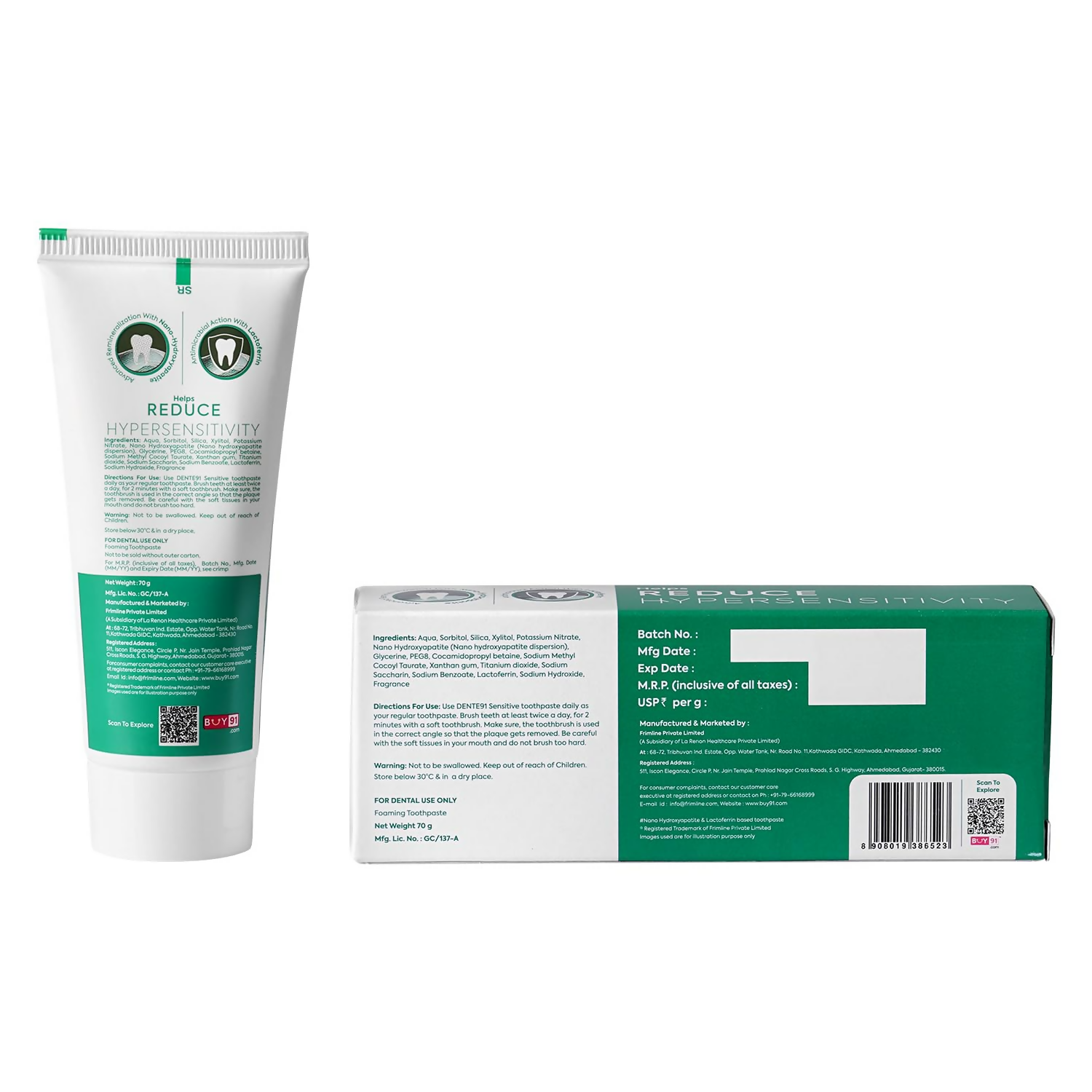 Dente91 Sensitive Toothpaste Reduces Hypersensitivity Strengthens Enamel Repairs Cavities | Grocsy