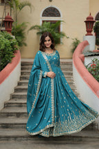 Joban Fashion Blue Chinon Sequence Embroidery Work Kurta Set | Grocsy