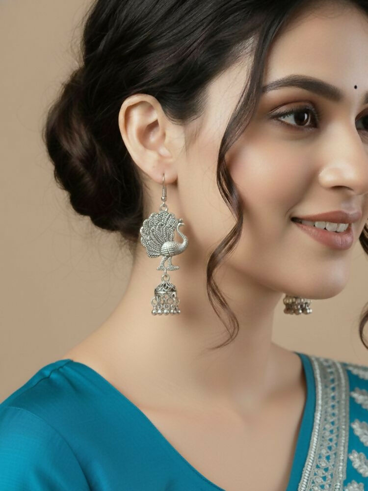 NVR Women Peacock Design German Silver Oxidised Jhumka Earrings | Grocsy