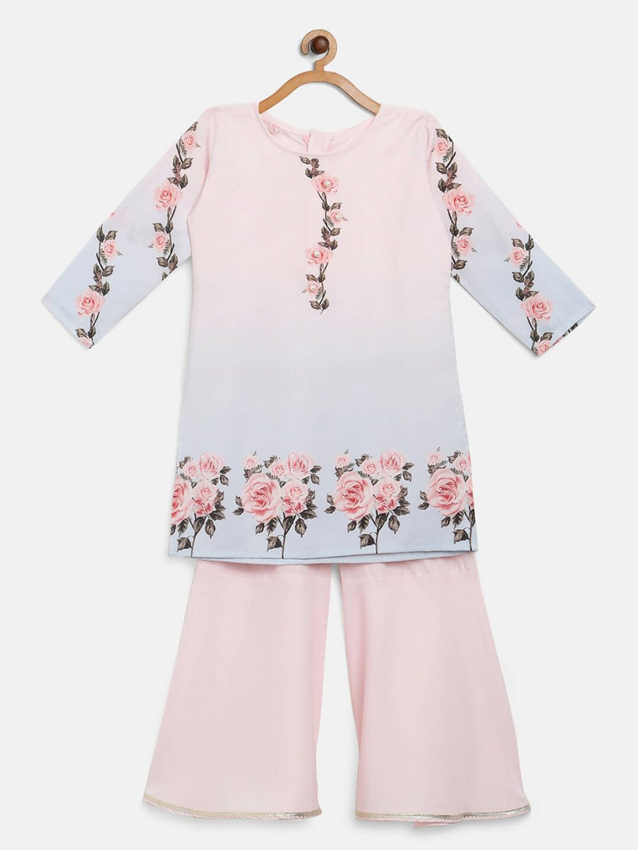 Ahalyaa Pink Crepe Floral Print Kids Kurta Sharara Set With Dupatta For Girls | Grocsy