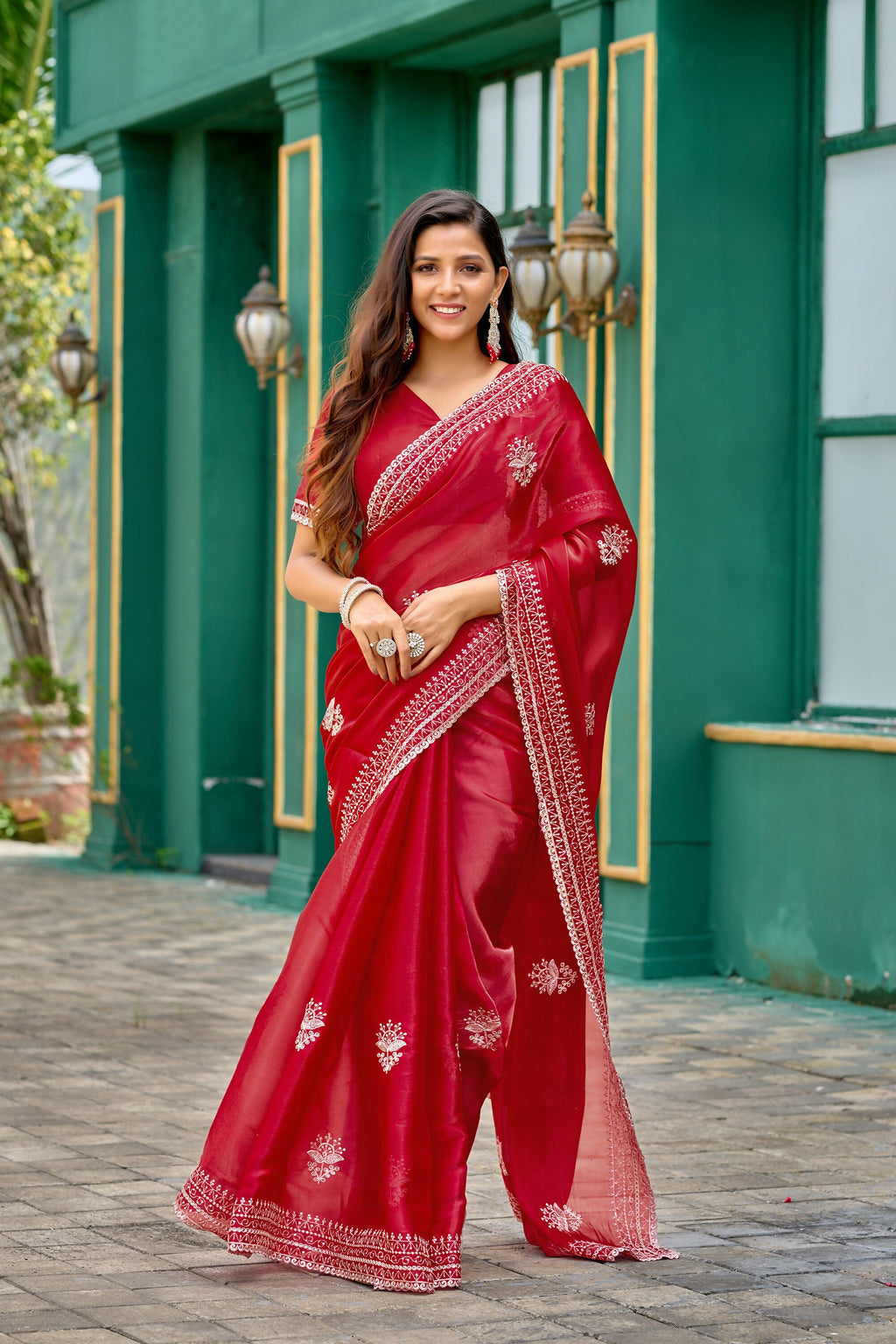 Vastranavya Red Embroidery Work Shimmer Chiffon Saree with Unstitched Blouse | Grocsy