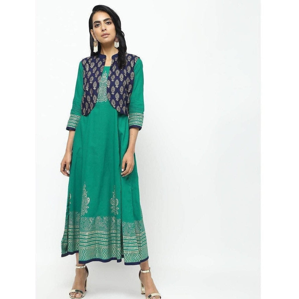 Cheera Kalidar Anarkali With Contrast Jacket On Foil Print Design Kurta | Grocsy