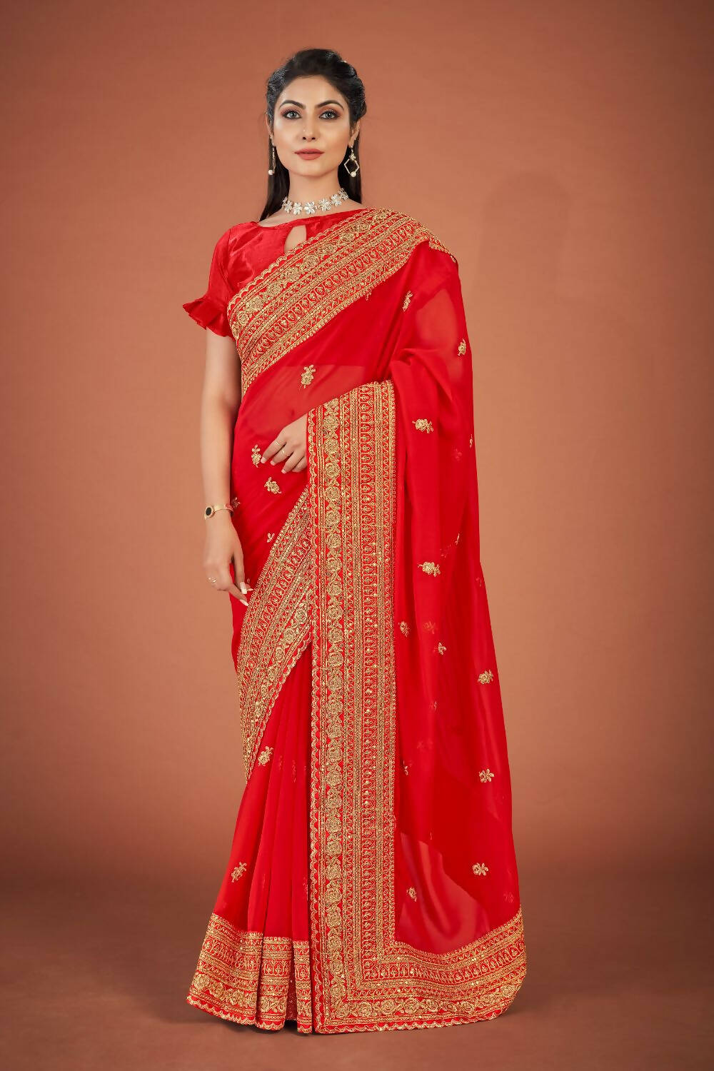 Vamsee Red Organza Saree | Grocsy