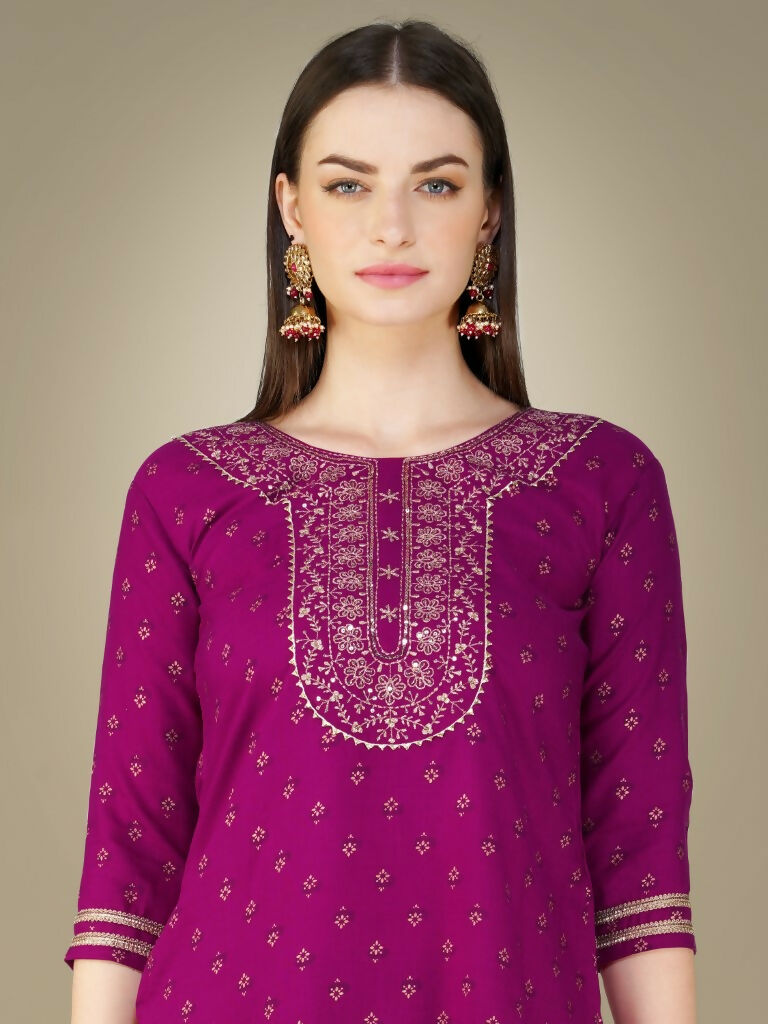 Jyoti Fashion Women's Purple Cotton Magic Slub Embroidery & Sequence work Kurta with Trouser & Dupatta | Grocsy