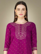 Jyoti Fashion Women's Purple Cotton Magic Slub Embroidery & Sequence work Kurta with Trouser & Dupatta | Grocsy