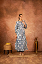 Joban Fashion Blue Floral Hand Block Printed Cotton Kurta Pant Set | Grocsy