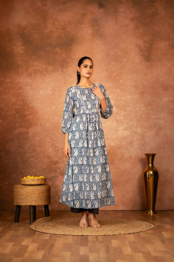 Joban Fashion Blue Floral Hand Block Printed Cotton Kurta Pant Set | Grocsy