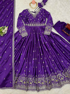 The52 Women's Beautiful American Silk Fabric Embroidery Work Flared Anarkali Pant and Dupatta Set | Grocsy
