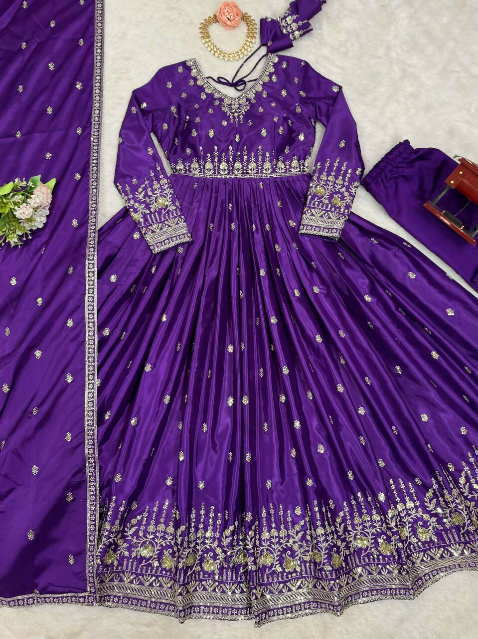 The52 Women's Beautiful American Silk Fabric Embroidery Work Flared Anarkali Pant and Dupatta Set | Grocsy