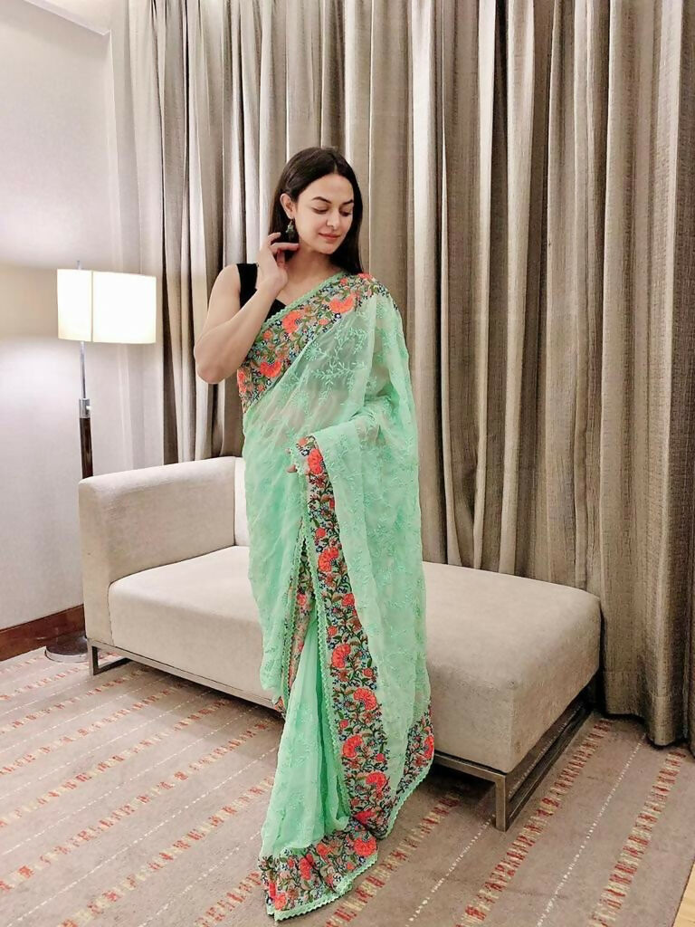 Vamsee Sandhya Sea Green Georgette Saree | Grocsy