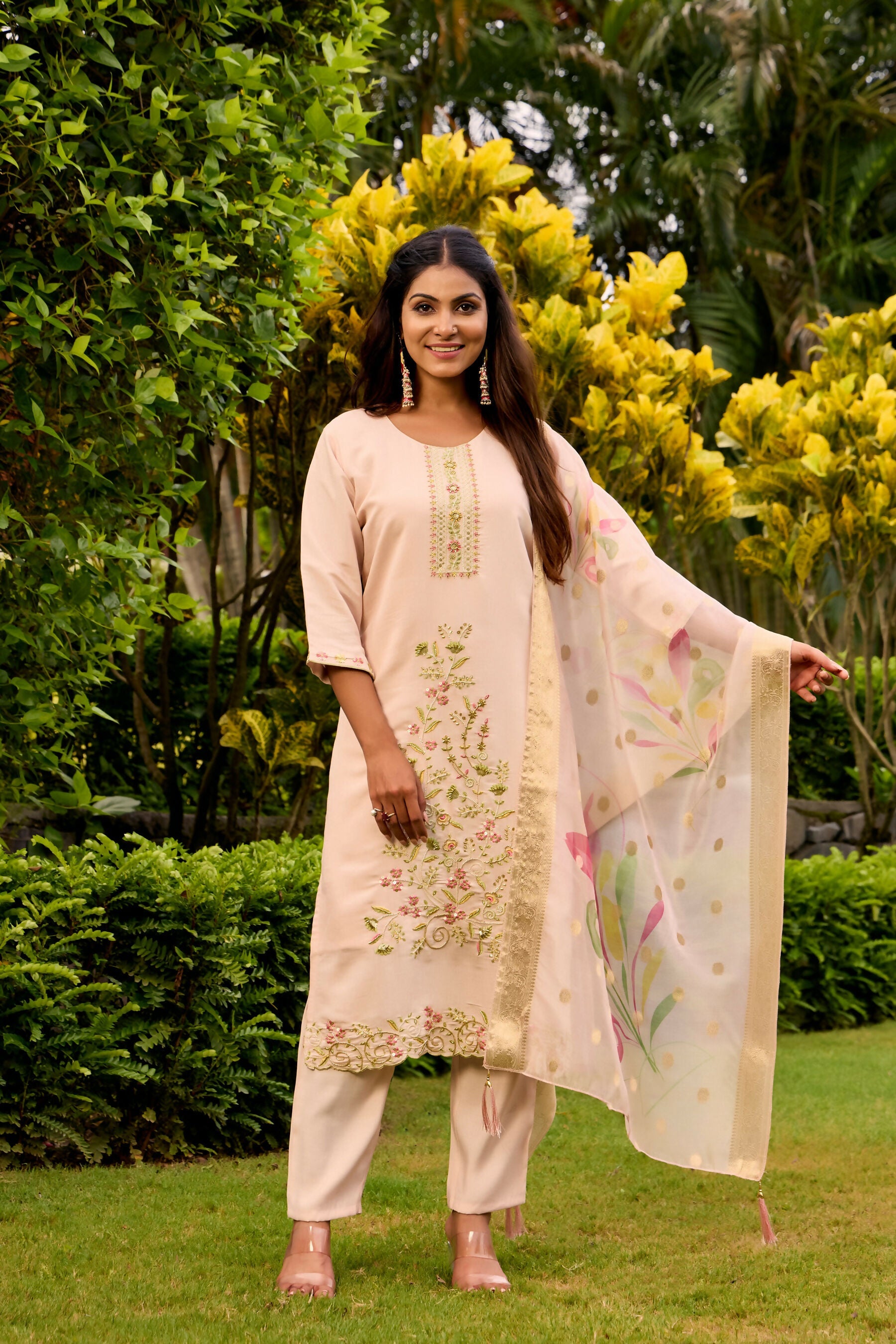 The52 Women's Beautiful Embroidery Work Roman Fabric Straight Kurta Pant and Dupatta Set | Grocsy