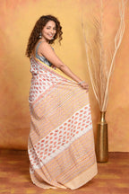 Very Much Indian Handblock Printed Cotton Saree With Natural Dyes - White Peach | Grocsy