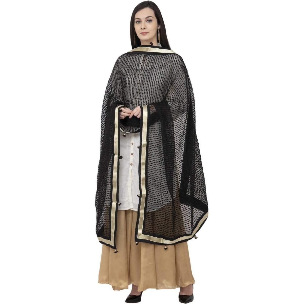 A R Silk Payal Pum Pum Fancy Dupatta Black Color Dupatta or Chunni | Grocsy
