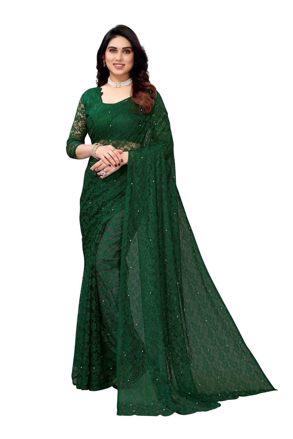 Vamika Ethnic Fire Green Pearls Net Saree | Grocsy
