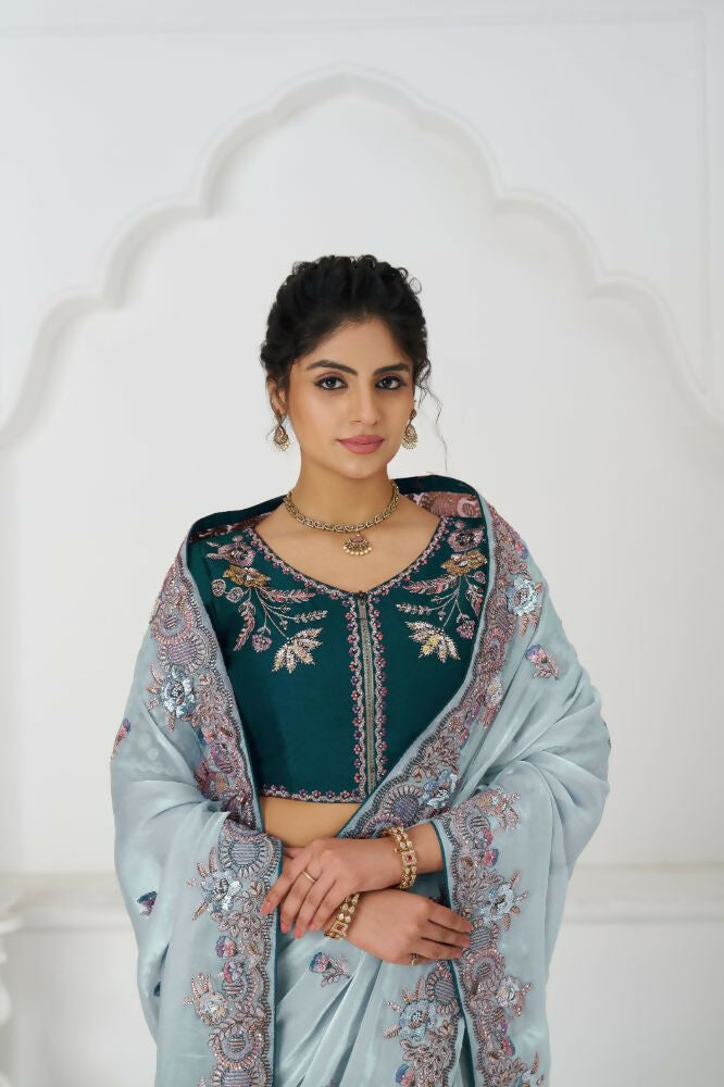 Kesar Fab Graceful Grey In Rich Silk Fendi With Zari And Sparkling Sequins Saree | Grocsy