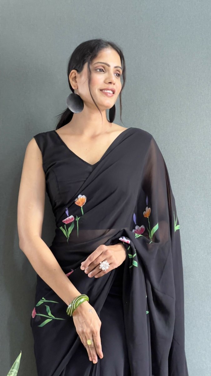 Aayaa Designer 1 min Hand Painted Ready to Wear saree - Black | Grocsy