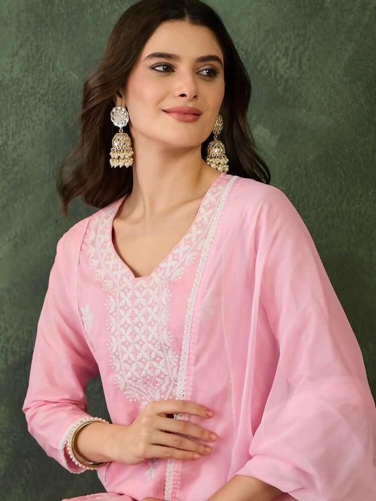 The52 Women's Beautiful Thread Work Cotton satin Fabric Flared Kurta Pant and Dupatta Set | Grocsy