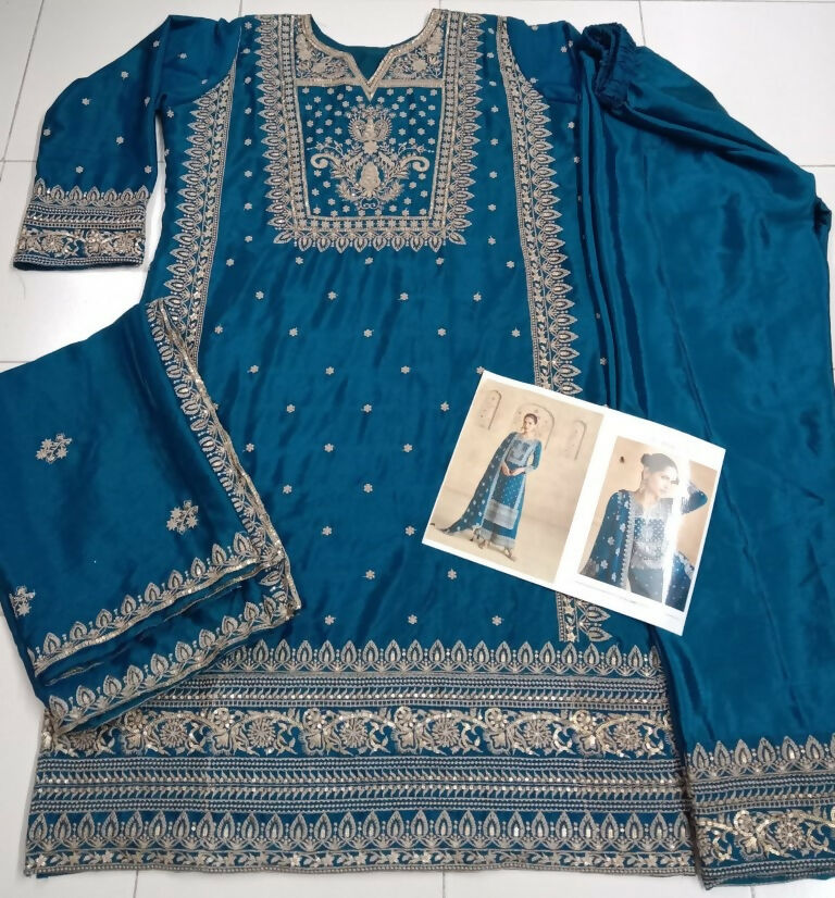 Vastranavya Teal Chinon Silk Embroidered Sequins Pakistani Straight Plaazo Suit | Grocsy