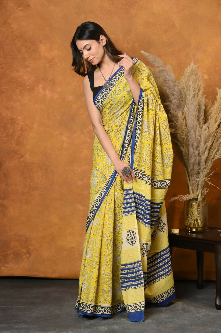 Very Much Indian Handblock Printed Cotton Saree With Natural Dyes - Green | Grocsy