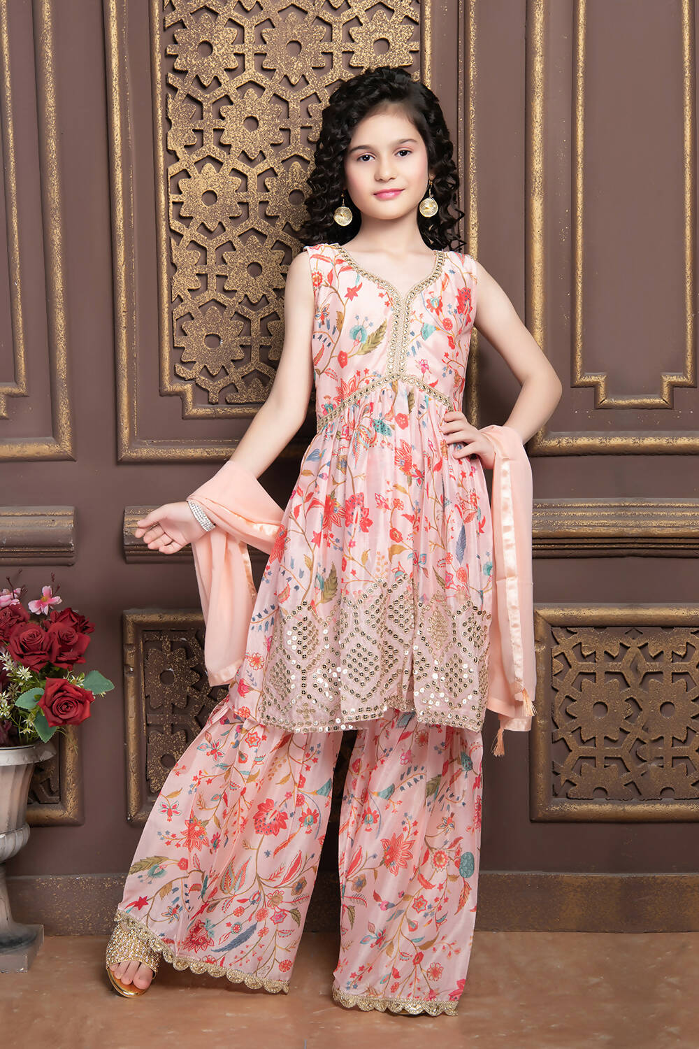 Kids Functional Designer Multi Chinon Sharara Suit - Aaradhna | Grocsy
