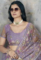 Vastranavya Soft Crush Georgette With Embroidery and Foil Multi Thread Work Saree - Lavender | Grocsy