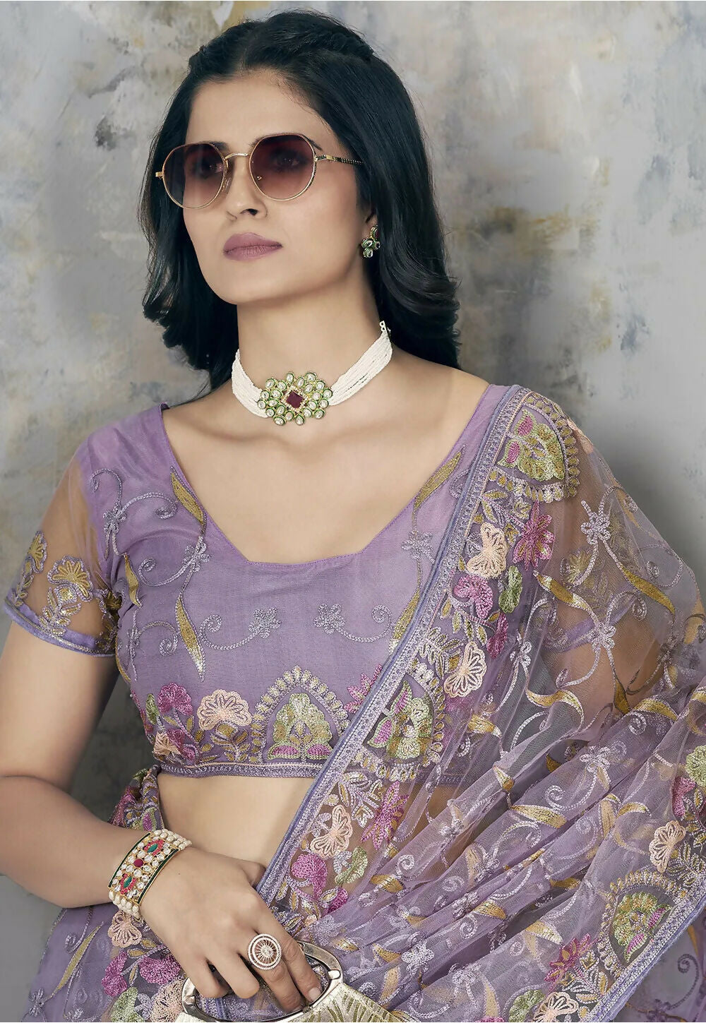 Vastranavya Soft Crush Georgette With Embroidery and Foil Multi Thread Work Saree - Lavender | Grocsy