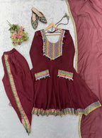 Teeya Creation New Women's Maroon Designer Peplum Kurti with Dhoti Salwar and Multicolor Embroidered Border | Grocsy