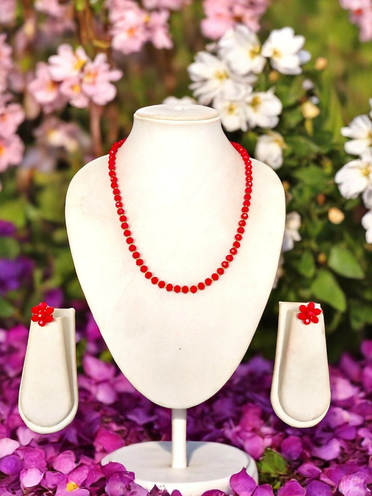 Inhanns Crystal Bloom – Single Line Necklace + Studs - Dark Red | Grocsy