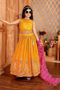 Kids Functional Designer Mustard Chinon Fab Lehenga choli - Aaradhna | Grocsy