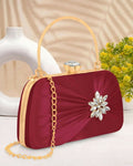 Joban Fashion Luxurious Satin Evening Clutch With Detachable Chain Strap - Maroon | Grocsy