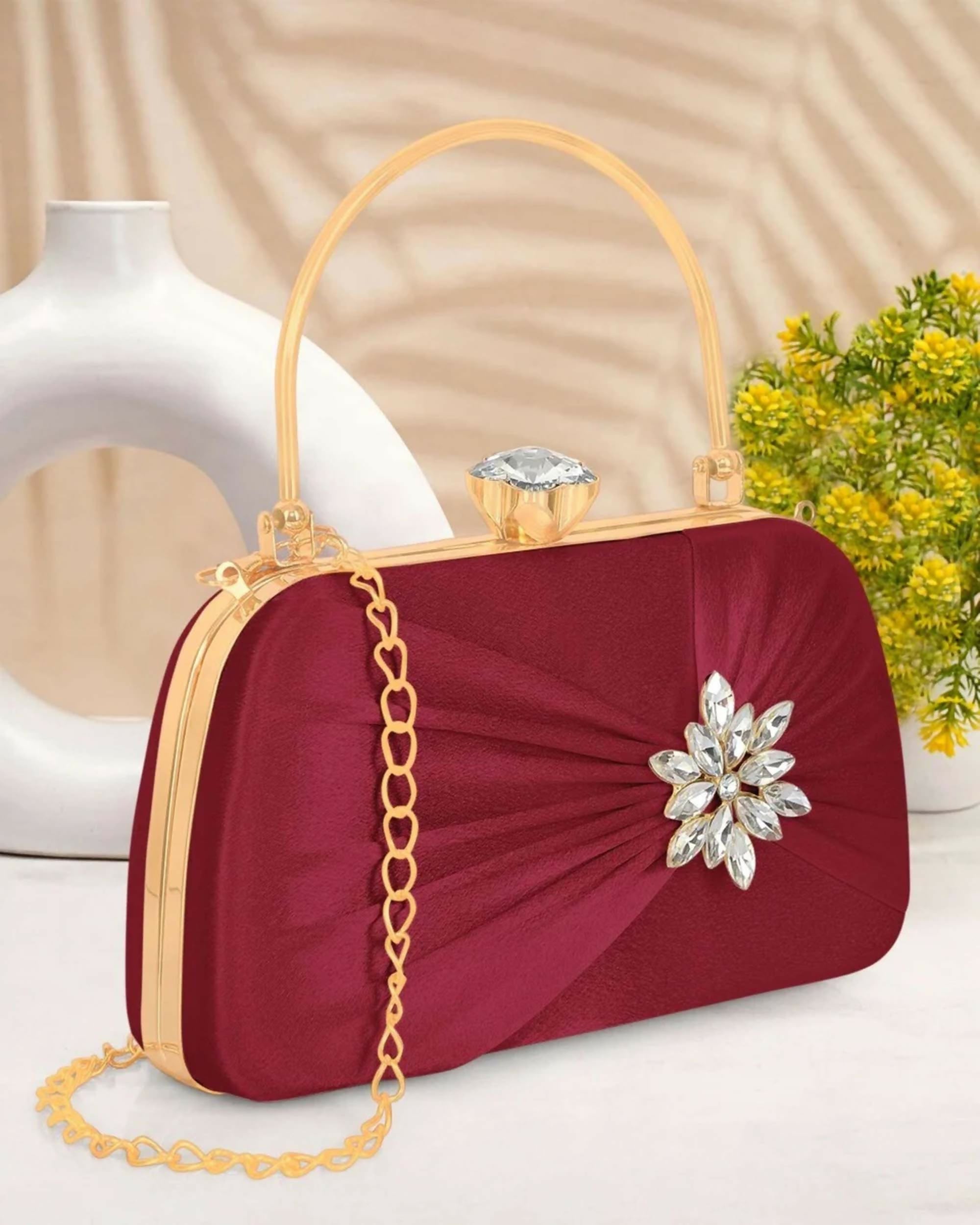 Joban Fashion Luxurious Satin Evening Clutch With Detachable Chain Strap - Maroon | Grocsy