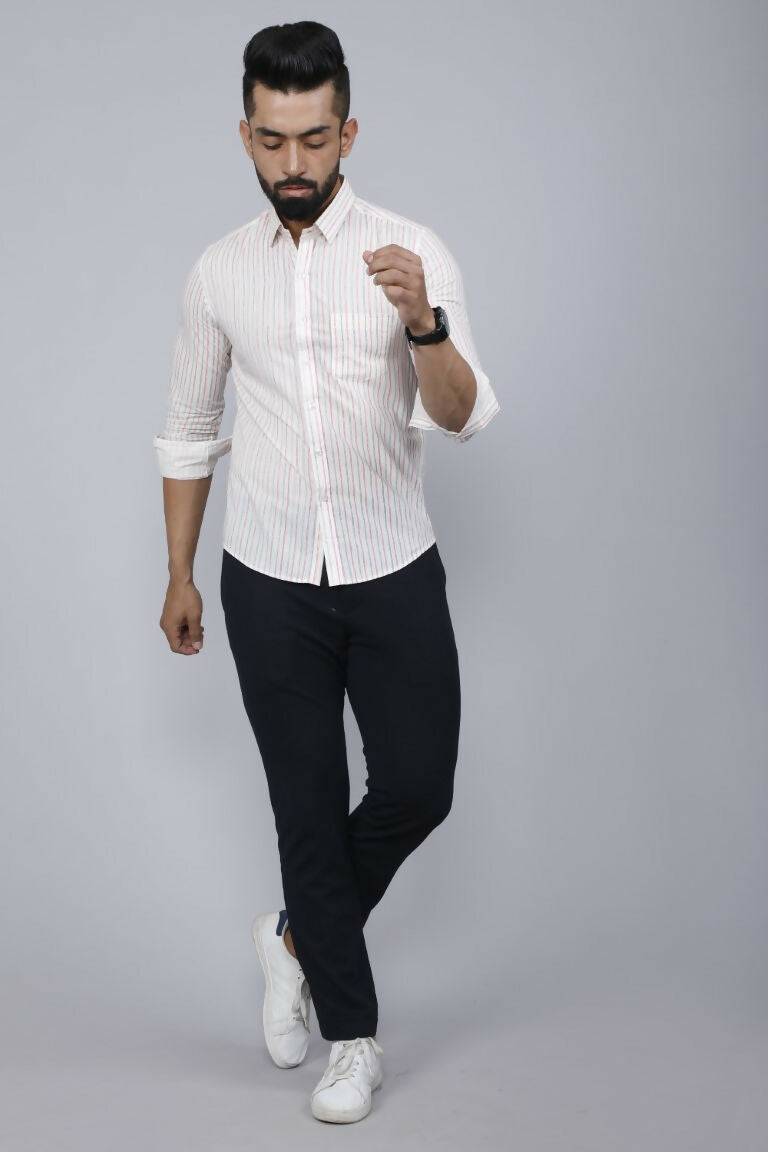 Miravan Men's White Spread Collar Striped Print Casual Shirt | Grocsy