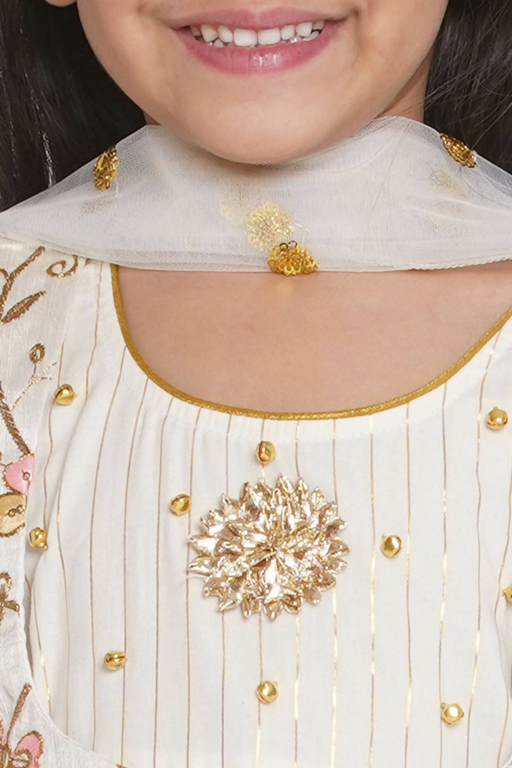 Little Bansi Floral Embroidery Jacket With Cotton Lurex Frock Sharara And Dupatta With Ghungroo Handwork - Cream | Grocsy